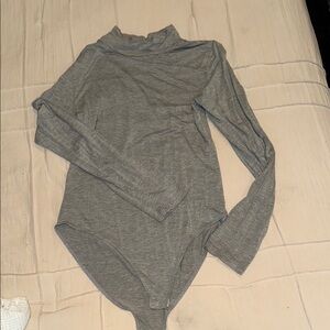 Gray Fitted Long Sleeve Bodysuit with Mandarin Collar